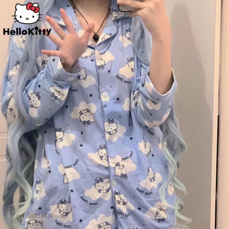 Sanrio Hello Kitty Home Clothes Blue 2 Piece Suit Long Sleeve Cardigan Tops Women Pants Pajamas Set Y2k Kawaii Pyjama Nightdress
