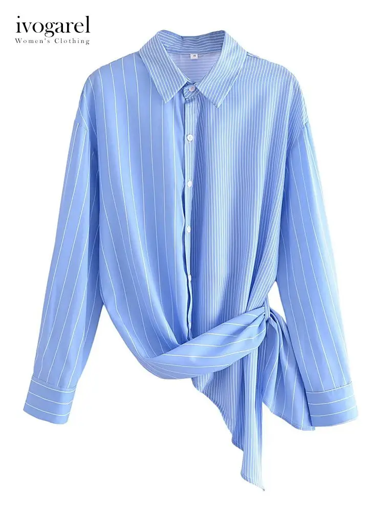 

Asymmetric Hem Contrast Striped Shirt, Collared Long Sleeve Blouse with Belt Loop Detail, Women's Elegant New Collection 2023