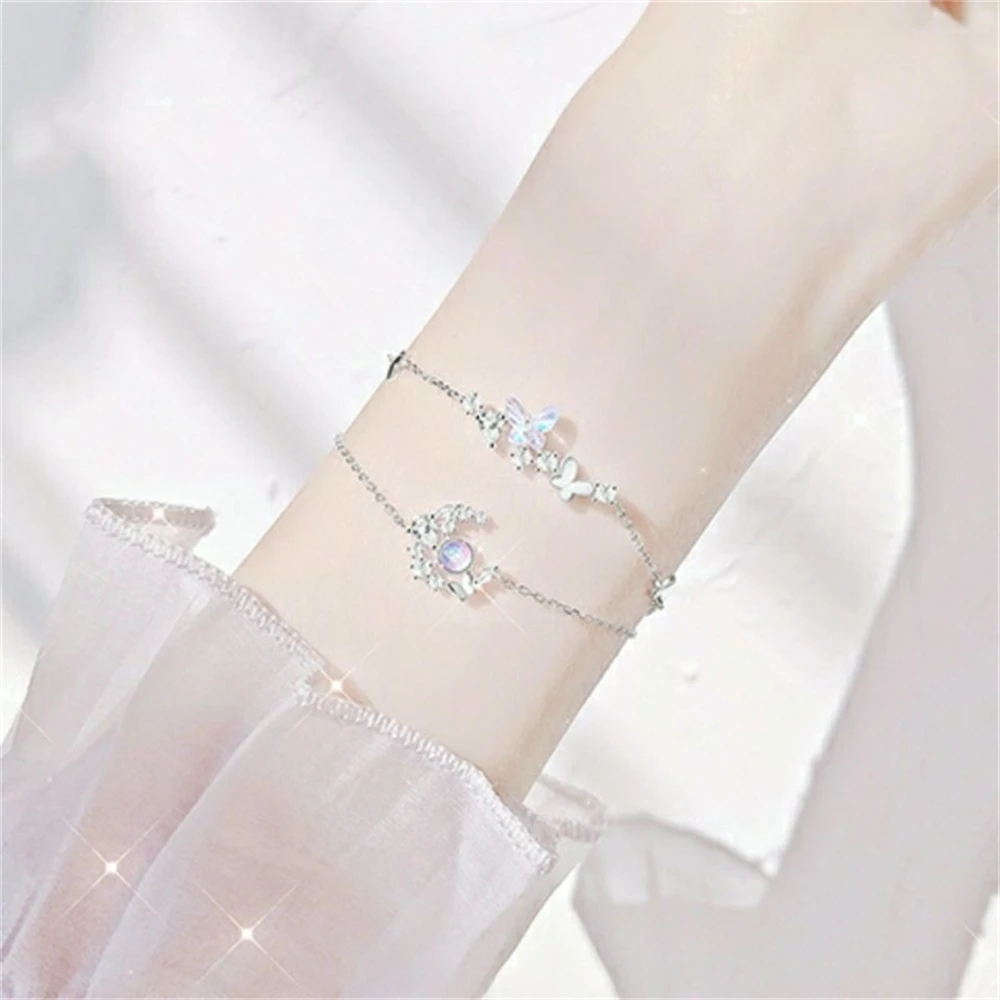 

New Fashion Shiny Crystal Moon Butterfly Bracelets For Women Adjustable Link Chain Bracelet Girlfriends Birthday Gift Jewelry