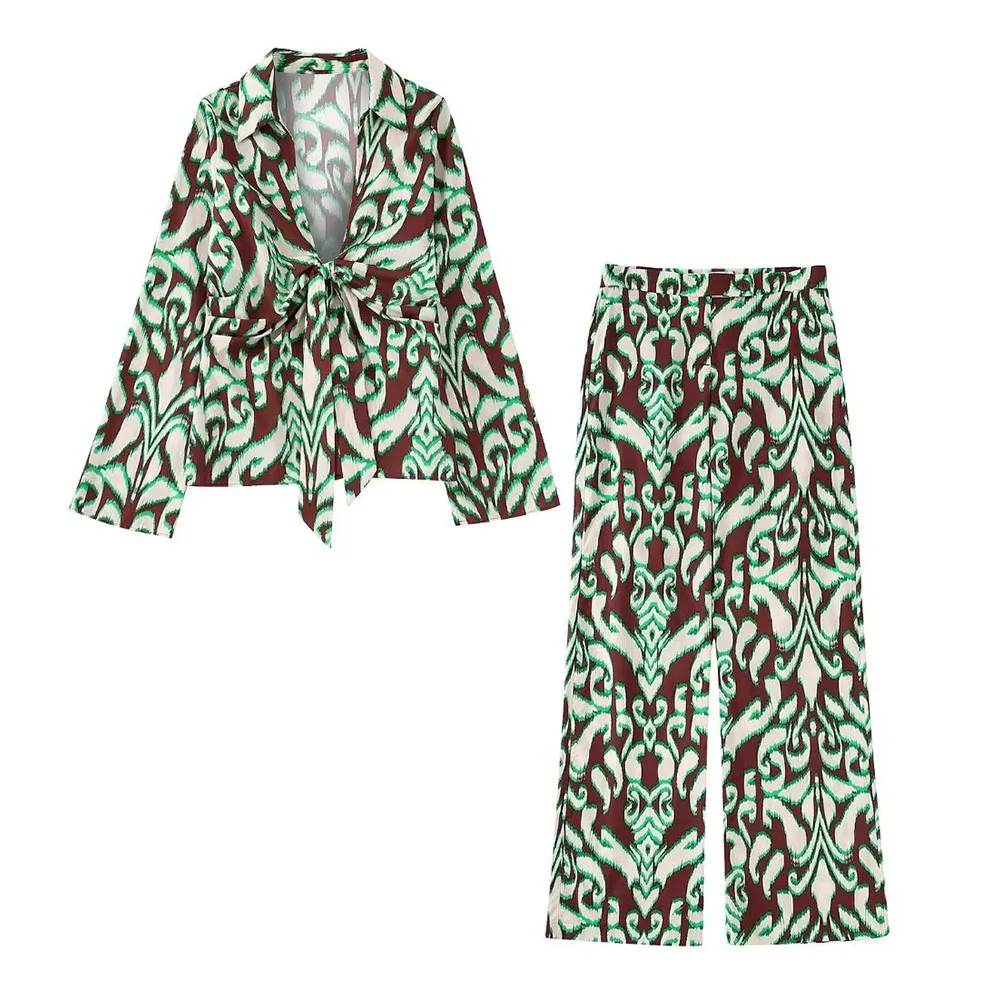 

Women's New Printed Casual Shirt 2022 Fashion Long Sleeve Retro Female Lace Up Blouse + High Waist Trousers Two Piece Set Mujer