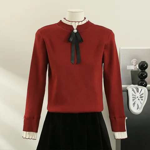 Neploe пуловеры с полувысоким воротником и бантом, модные топы с низом, женские топы Y2k, искусственный свитер из двух предметов с длинными рукавами Mujer