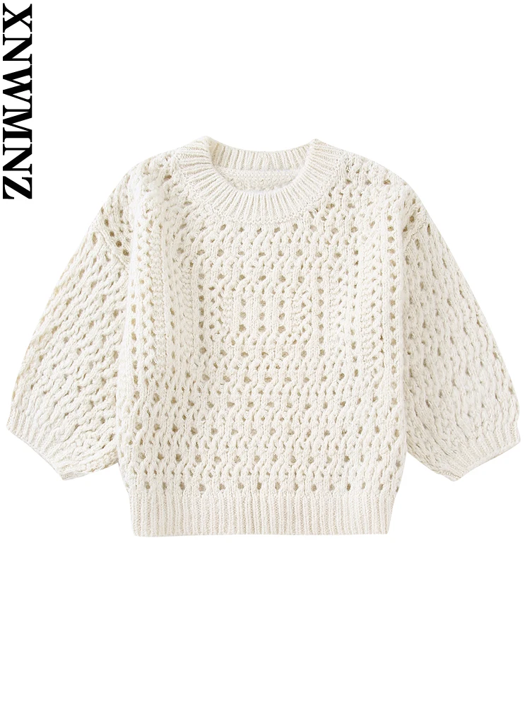 

XNWMNZ 2022 Women Fashion Cropped Pointelle Knit Sweater Vintage O Neck Short Sleeve Female Pullovers Casual Chic Tops