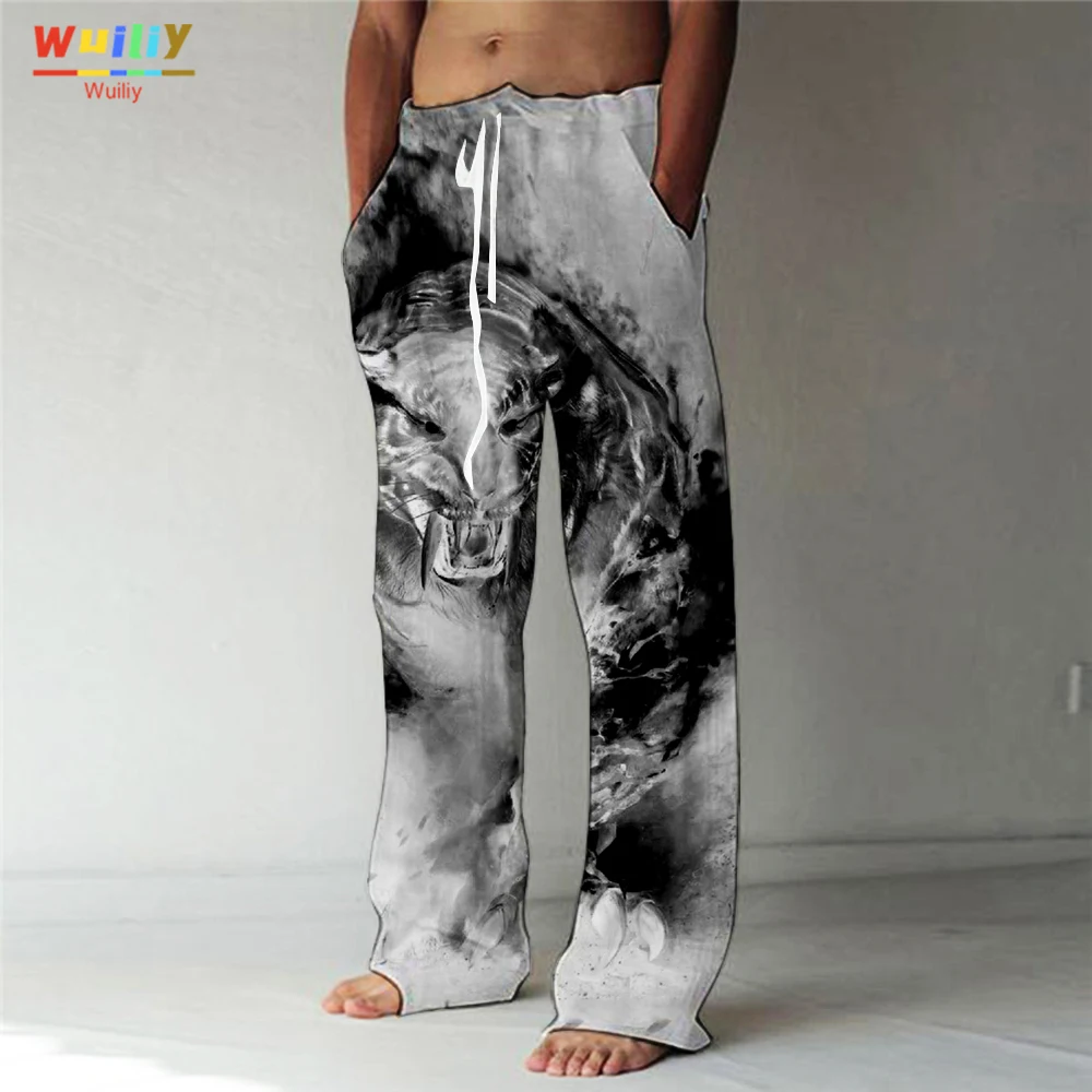 

Мужские повседневные брюки Fire Tiger, модные мешковатые штаны с животными и карманами, пляжные брюки с эластичным поясом и завязками, удобные мягкие штаны для йоги