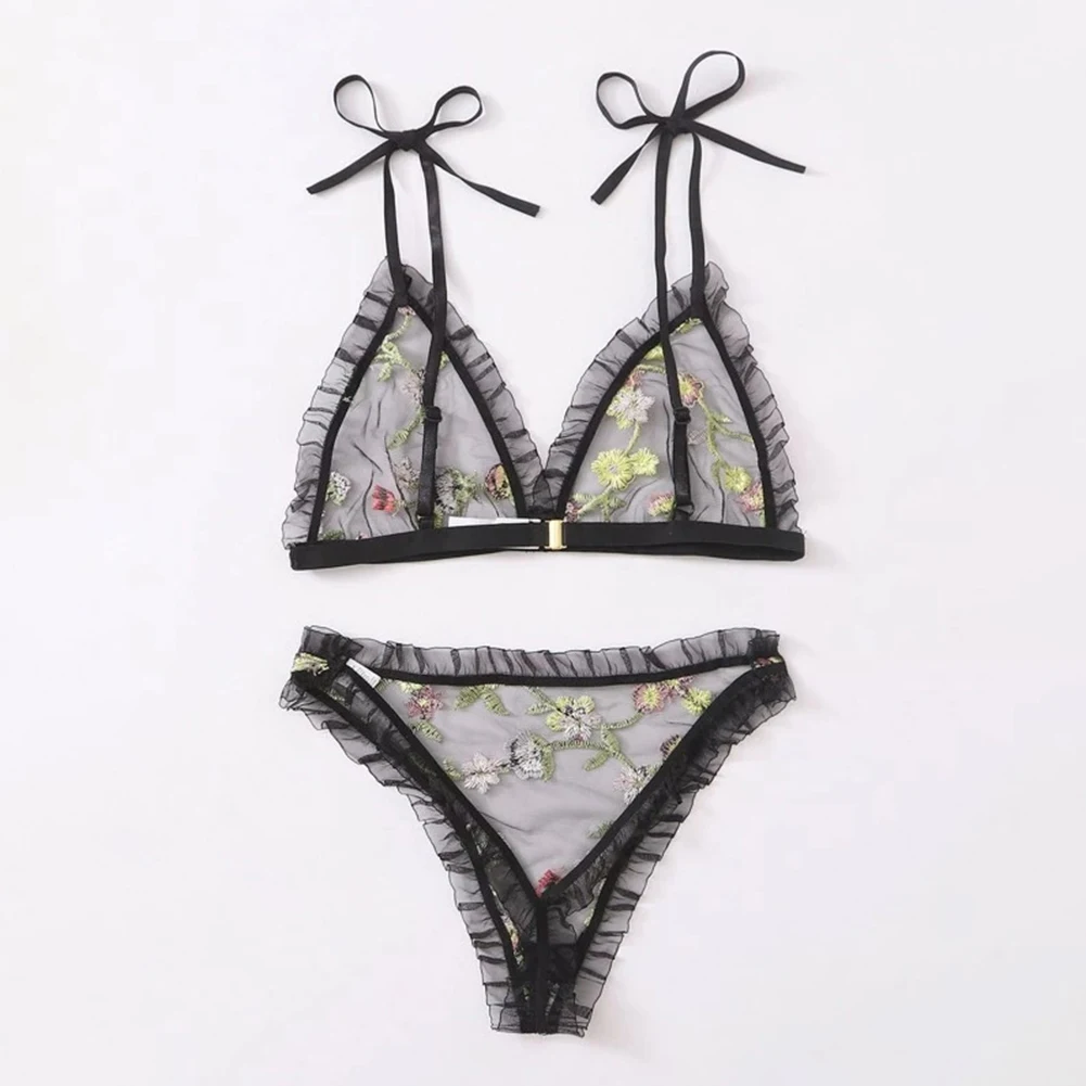 

Sexy Womens Floral Lace Bra Set See Through Thin Cute Strap Rope Underwear T-back Panties Set Perspective Embroidery Lingerie