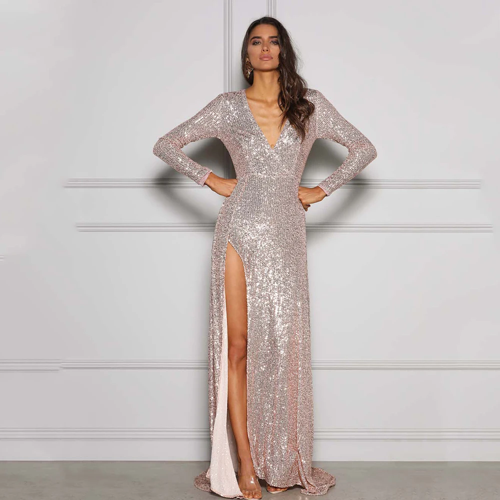 

Modern Evening Dress Long Luxury 2022 Sequin Full Sleeves Prom Dress V-Neck Side Split Sweep Train Trumpet Robes De Soirée