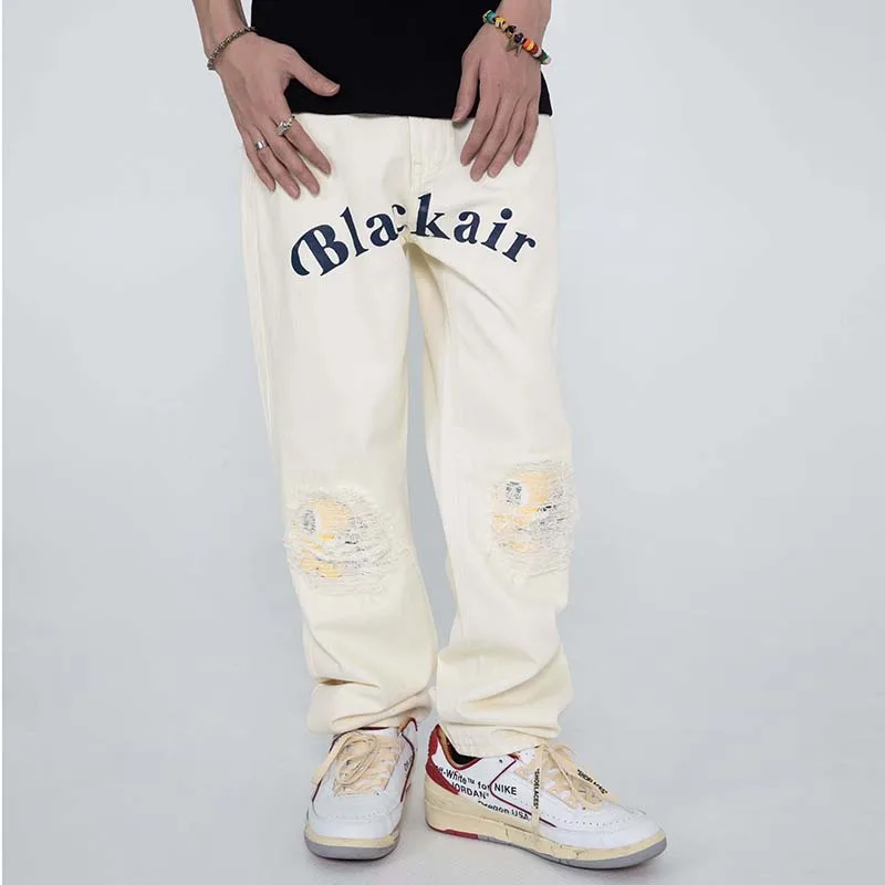 

Harajuku Letter Hole Ripped Washed Spring Mens Jeans Pants High Street Retro Distressed Straight Couple Casual Denim Trousers