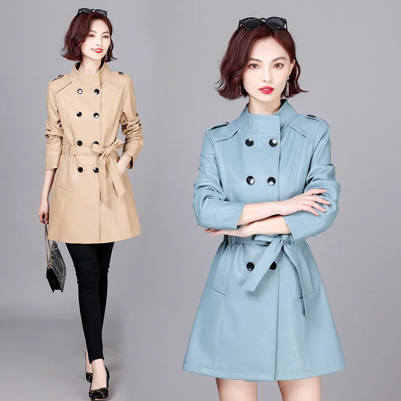 100% genuine real 2023 Autumn Mid length Large Sheepskin Coat Haining Slim Leather Windbreaker Women's Polo