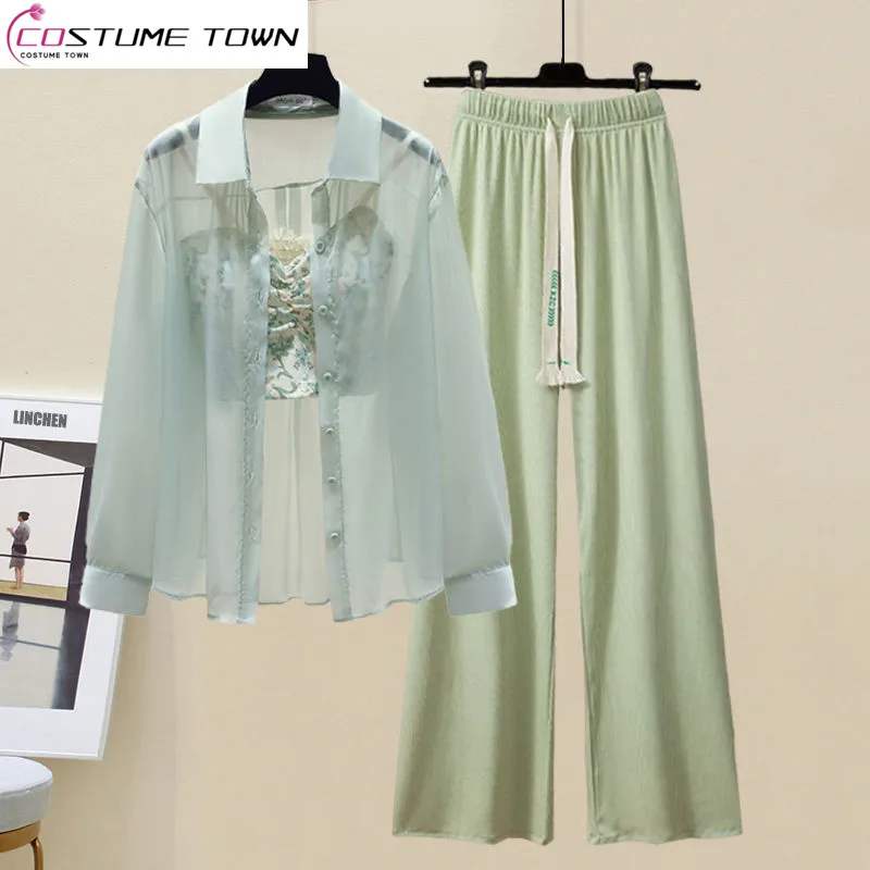 

Spring/Summer Set Women's 2023 New Fashion Tank Top+Sunscreen Shirt Wide Leg Casual Pants Three Piece Set Fashion