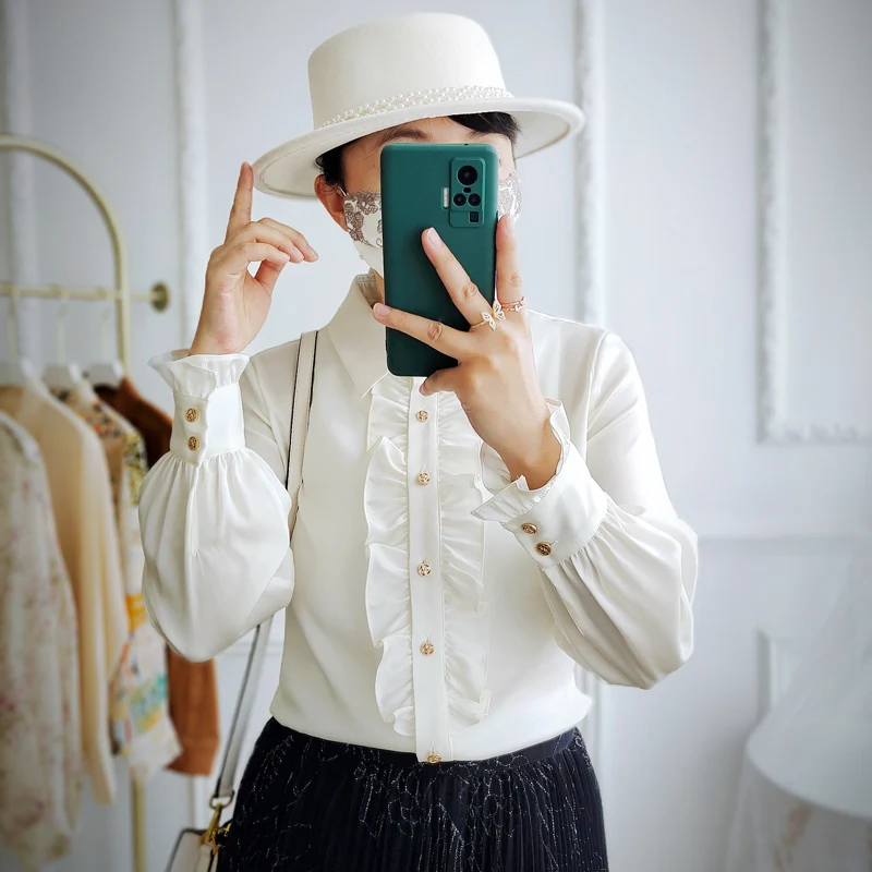 

Женская шелковая рубашка с длинным рукавом, белая рубашка из шелка тутового шелкопряда с лепестками лотоса, весна 2019