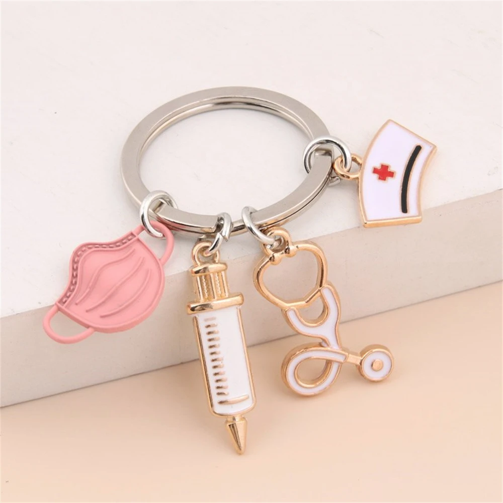 

Nurse Doctor Mask Key Chain Medical Aid Personnel Car Bag Keyring Syringe Stethoscope Pendant Accessories