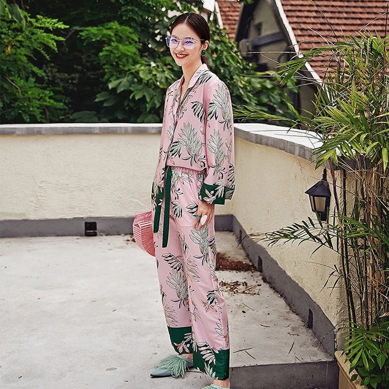 Floral Print Women's Pajama Set Pink Summer Satin Ladies Home Suit Spring Pijama 2 Pieces With Pants Home Wear For Female 2023