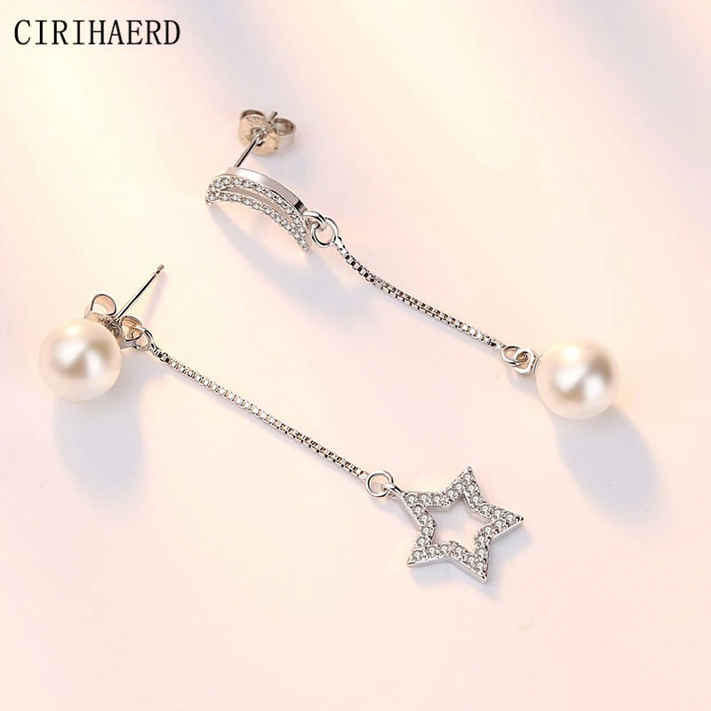 

Women Stud Earrings Vintage Imitation Pearls Zircon Star Moon Long Hanging Statement Asymmetrical Earrings Wedding Accessories