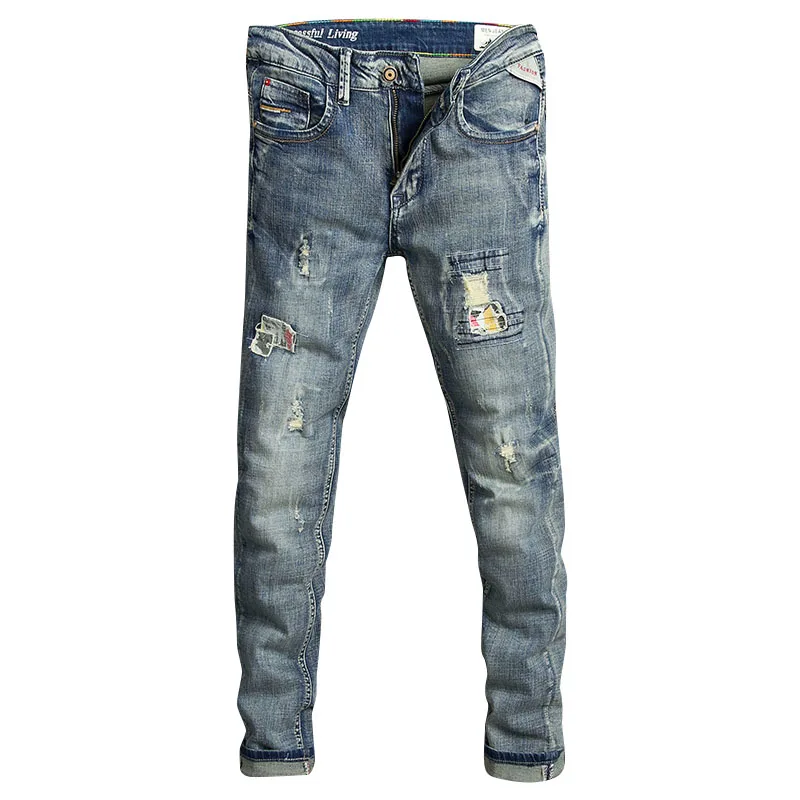 Streetwear Fashion Men Jeans Retro Blue Elastic Slim Fit Ripped Jeans Men Patched Designer Vintage Casual Denim Pants Hombre