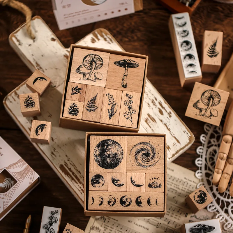 

7pcs Wooden Rubber Stamp Vintage Wooden Stamps Plant And Moon Decorative Vintage Mounted Rubber Stamp Set For Diy Craft Letters