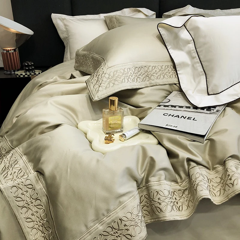 

Роскошный комплект постельного белья с вышивкой из египетского хлопка в стиле 1920-х годов, пододеяльник, простыня, наволочка, Комплект постельного белья большого размера в гостиничном стиле