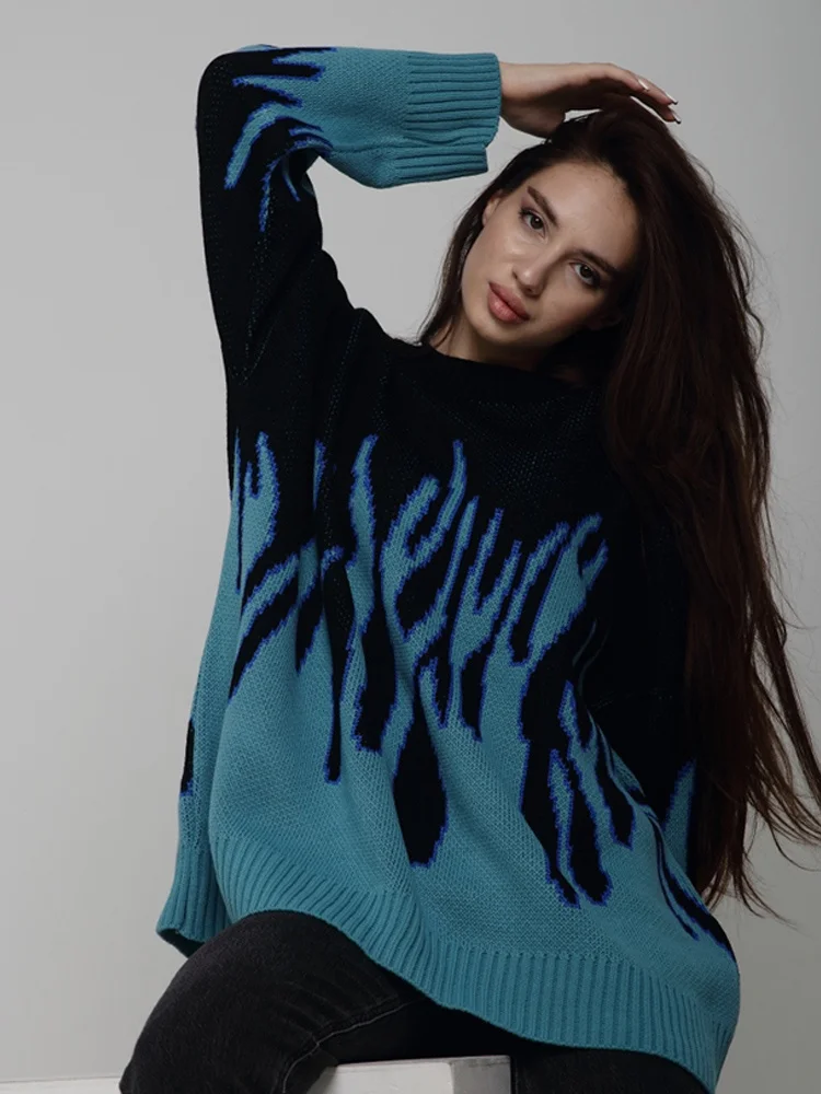 

Вязаные женские свитера с принтом пламени, свободные женские пуловеры с длинным рукавом и круглым вырезом, свитер сезона осень 2023, шикарные ...