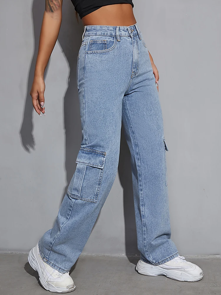 

New Trendy Women Flap Pocket Baggy Cargo Jeans Relaxed Fit Boyfriend Trousers Ladies Casual Loose Straight Leg Denim Jean Pants