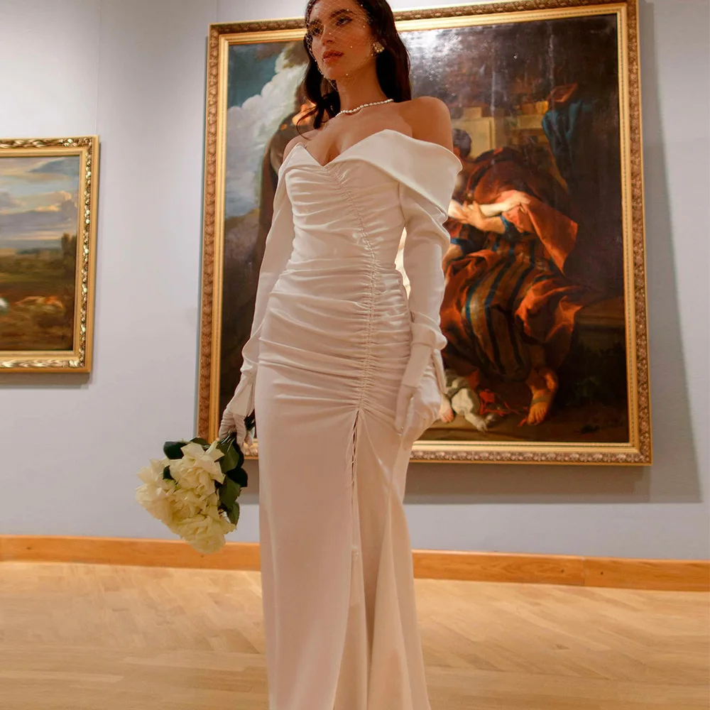 

Side Split Wedding Dresses 2022 Off The Shoulder Long Sleeves Zipper Bridal Gowns Simple Sexy Pleat Vestido De Noiva Custom Made