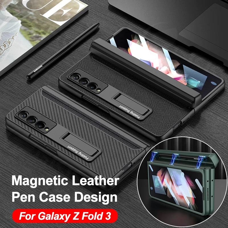 

GKK Magnetic Hinge Leather Case For Samsung Galaxy Z Fold 3 Case All-included Screen Tempered Glass Pen Cover For Galaxy Z Fold3