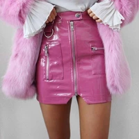 cute shiny leather skirts high low mini skirt peach pink sexy fashionable all match zipper multi pocket a line dress for women