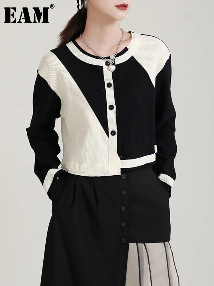 

[EAM] Color-block Knitting Cardigan Sweater Loose Fit O-Neck Long Sleeve Women New Fashion Tide Autumn Winter 2022 1DE3947