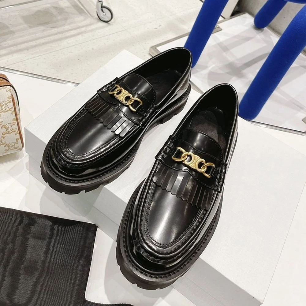 New leather European and American style thick soled leoford shoes women's tassel chain casual single shoes British small shoes