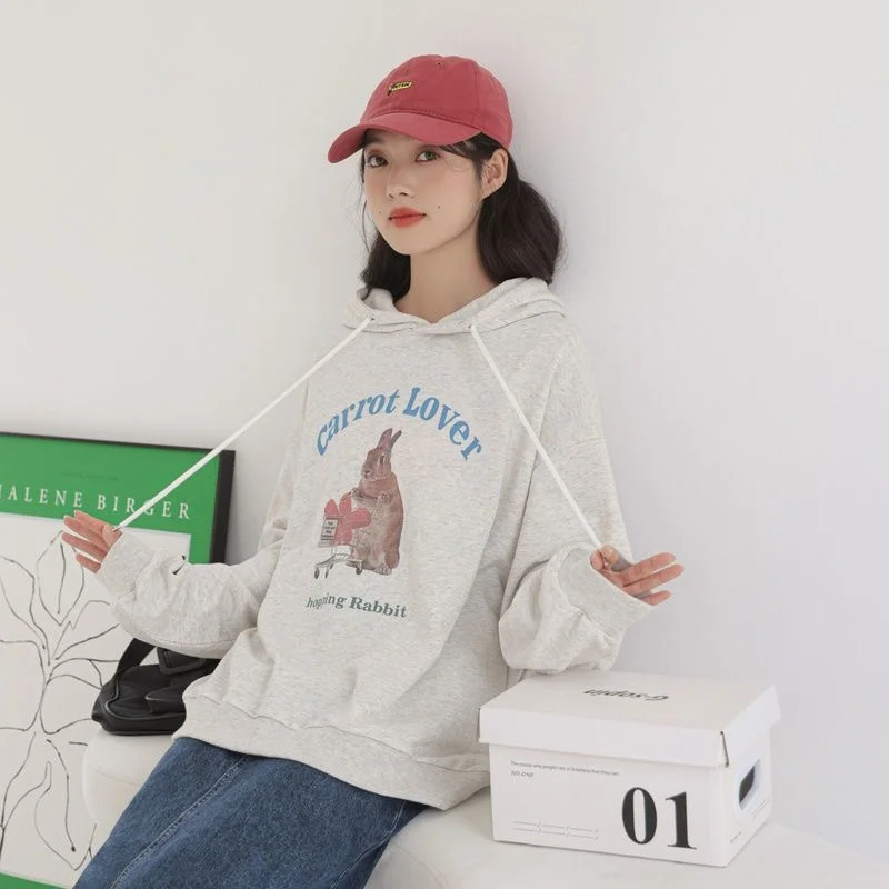 

White and gray hooded sweater Korean version loose all match women preppy style 2022 autumn new letter printed sweater clothes