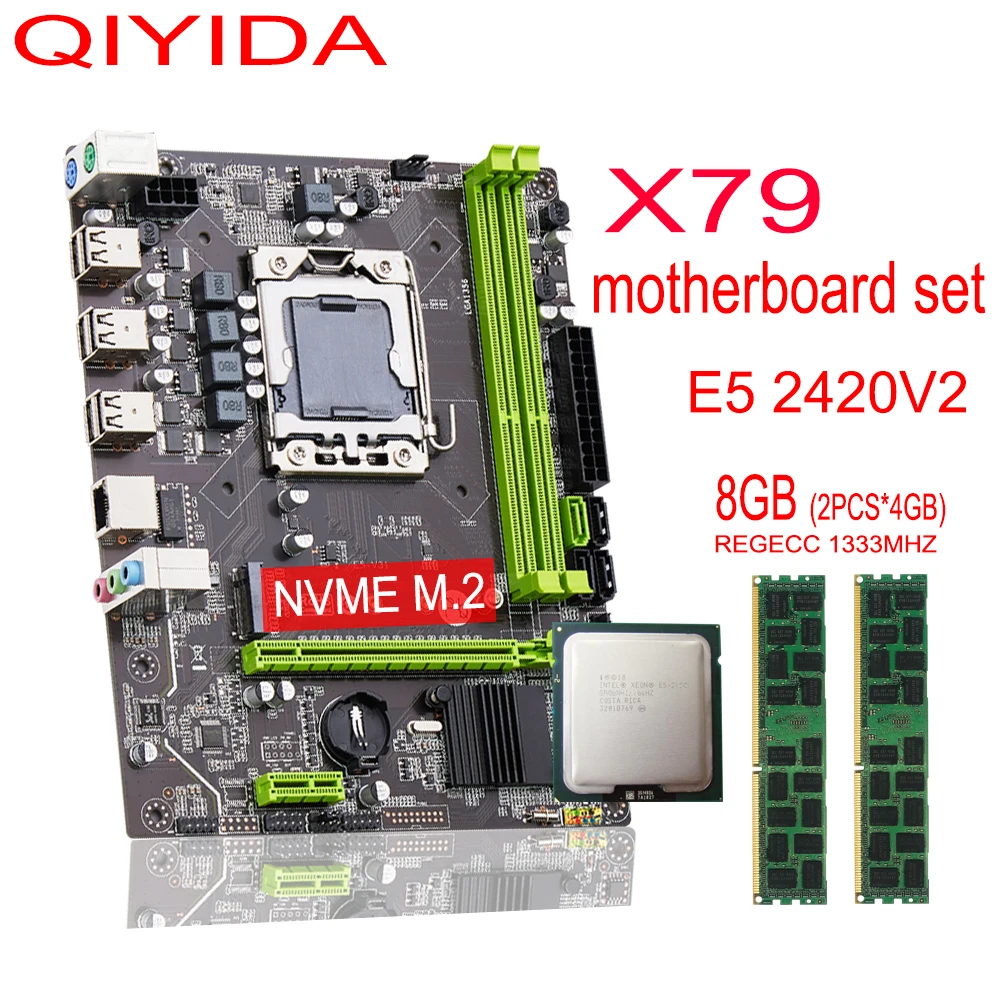 

Qiyida X79 motherboard set LGA 1356 E5 2420V2 cpu 2pcs x 4GB = 8GB DDR3 1333MHz 10600R NVME m.2 sata 3.0 memory