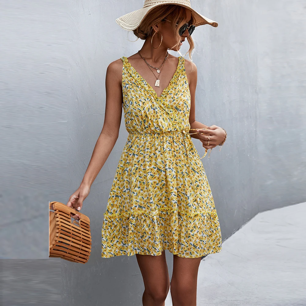 

Мини-платье женское с открытой спиной, цветочным принтом и V-образным вырезом