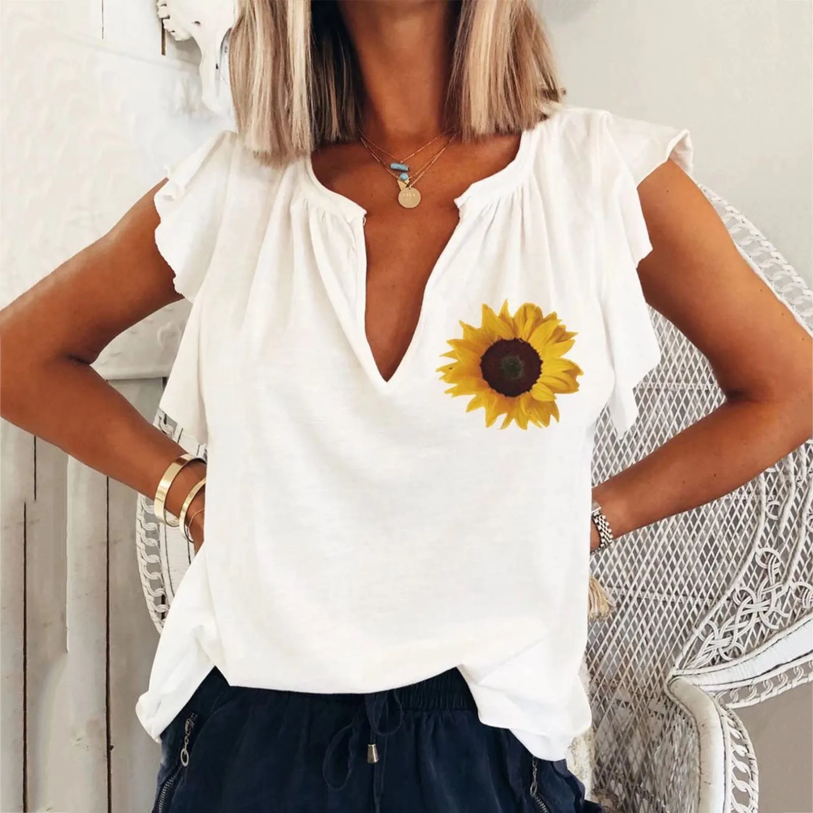 

Women's Casual Camisole Floral Printed V-neck Sleeveless Ruffles Blouse Tops Female Loose Pullover Top T-shirt Harajuku