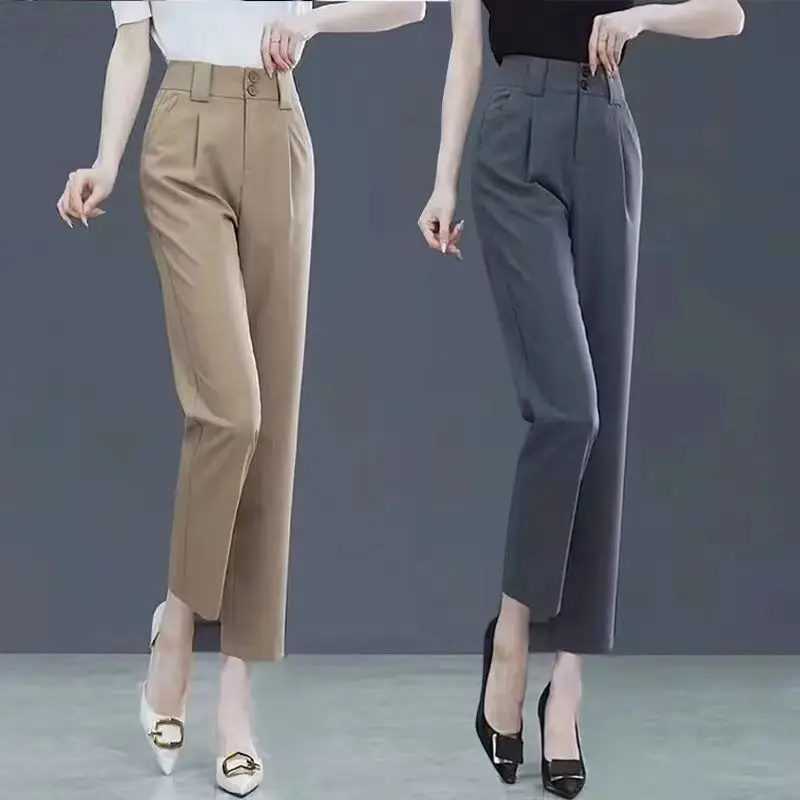 

Брюки женские прямые до щиколотки, офисные модные повседневные Костюмные штаны с завышенной талией, в Корейском стиле, A39