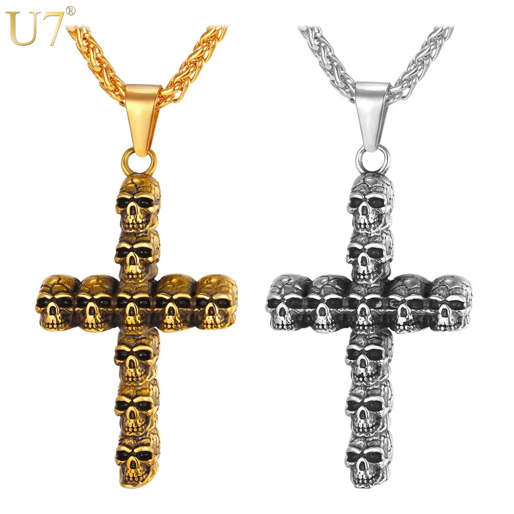 

U7 Skeleton Cross Christian Necklaces Statement Gold Color Stainless Steel Chain & Pendant New Gothic Men Jewelry