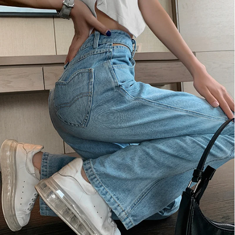 Female Summer New Y2k Baggy Wide Leg Jeans Fashion Light Blue Love Pocket Loose Casual Straight Light Thin Hole Denim Trousers