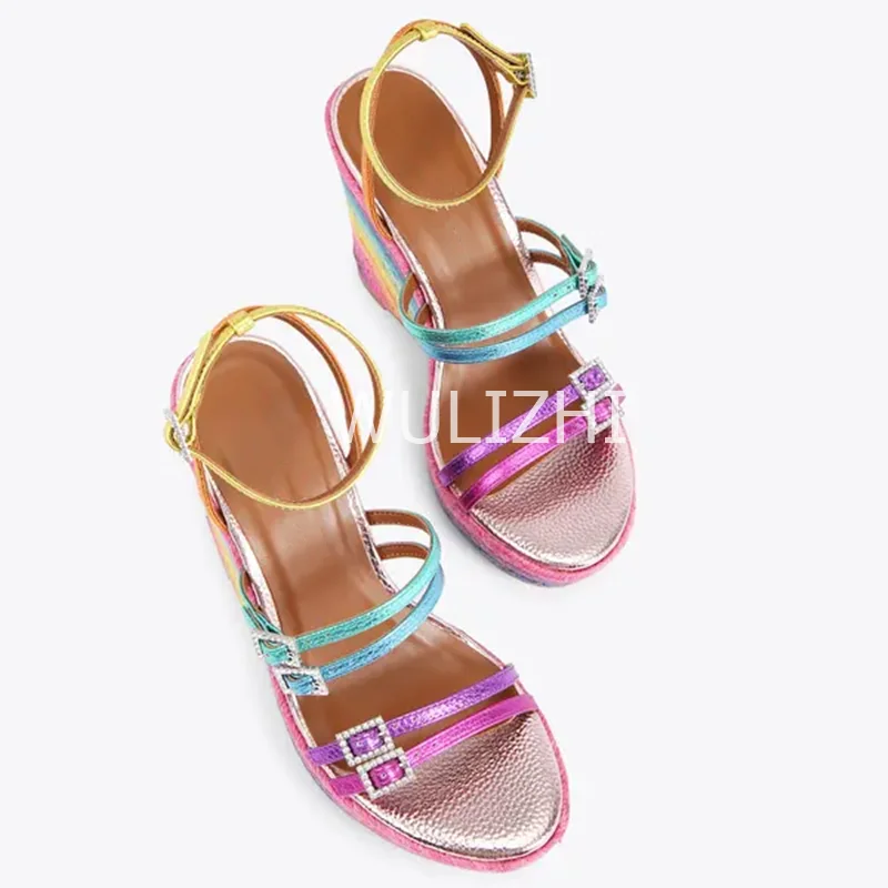 Colorful Espadarille Striped Open Wedge Platform Leather Strap Crystal Buckle Sandals Women Sexy Bling Hollow Slingback Shoes