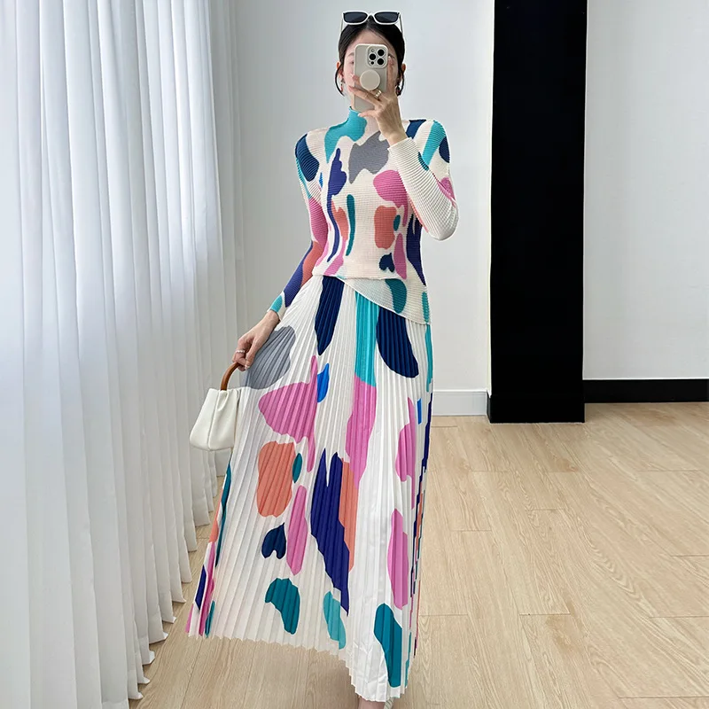 

Rosbinna Fashion Pleated 2 Pieces Set for Women Round Neck Long Sleeves Tops High Waist Contrast Color Skirts 2023 New Skirt Set