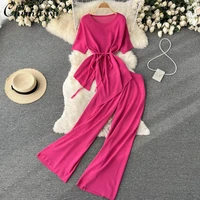 2022 summer new fashion solid color slimming casual suit womens irregular top wide leg pants trousers two piece set ladies