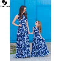 new mother daughter summer dresses sleeveless blue and white porcelain mommy and me beach maxi dress family matching outfits