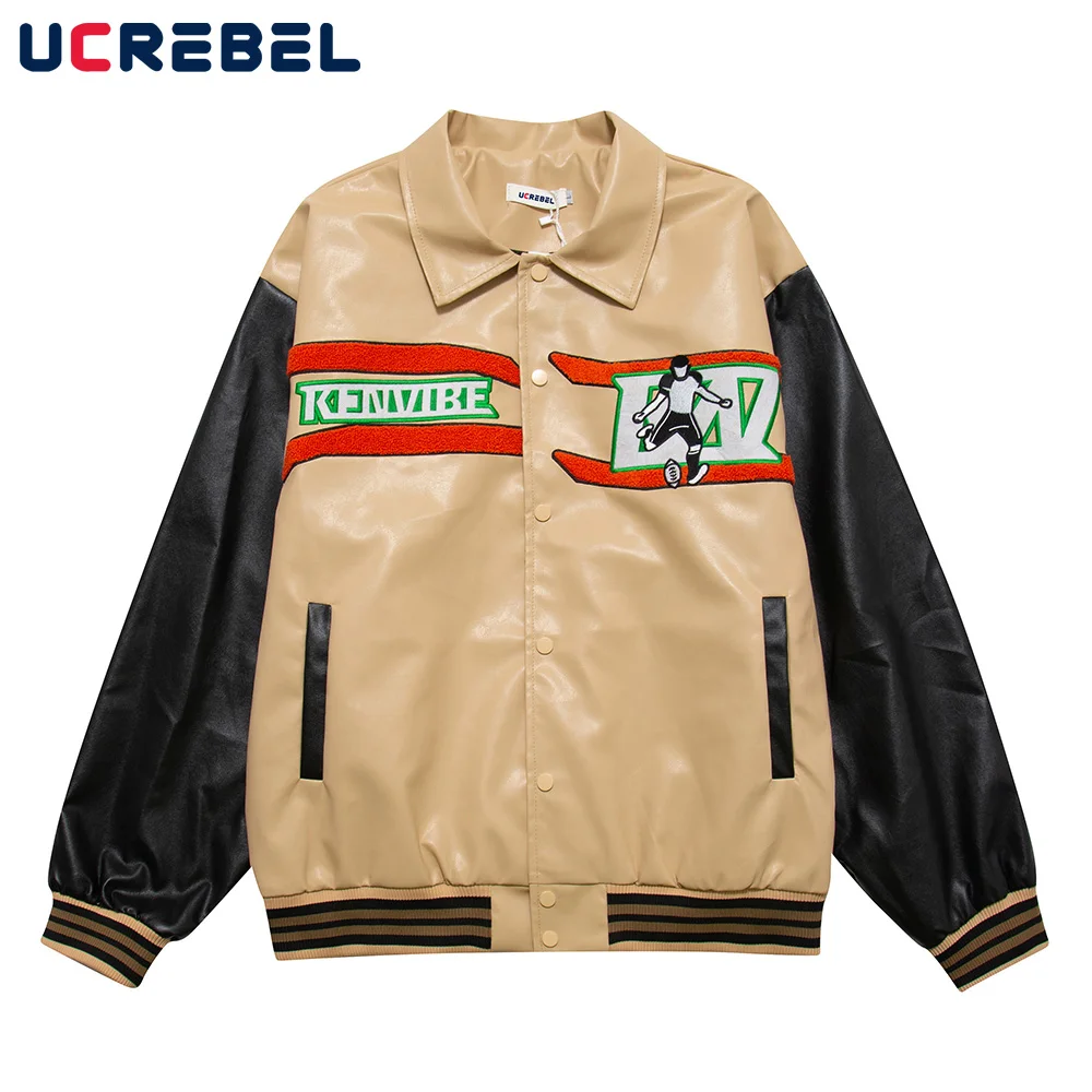 

Color Block Pu Leather Jacket Mens High Street Letter Embroidery Baseball Jacket Autumn Winter Lapel Loose Casual Outerwear Men