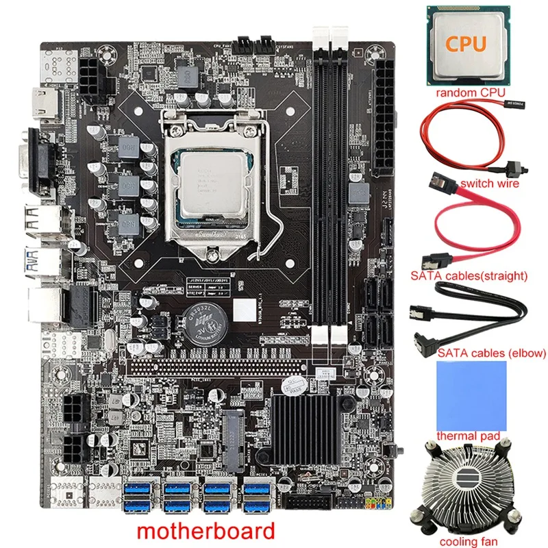 

B75 8 Card BTC Mining Motherboard+CPU+Fan+Thermal Pad+2X SATA Cable+Switch Cable 8 USB3.0(PCIE) LGA1155 DDR3 RAM SATA3.0