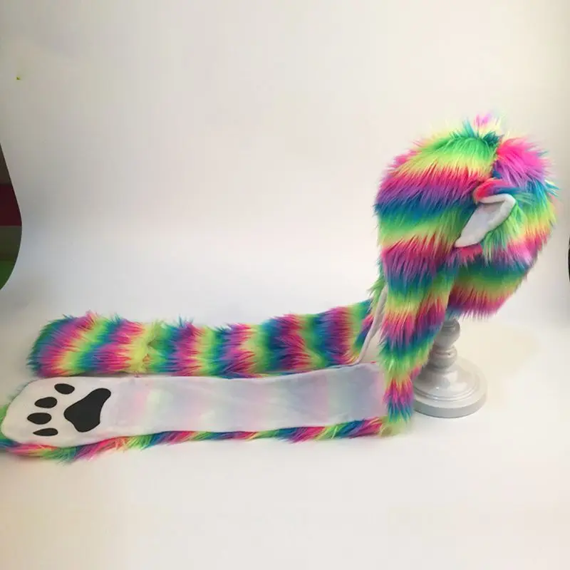 Новый стиль 3 в 1 для женщин и девочек Радуга пушистые плюшевые волчьи уши шапка с