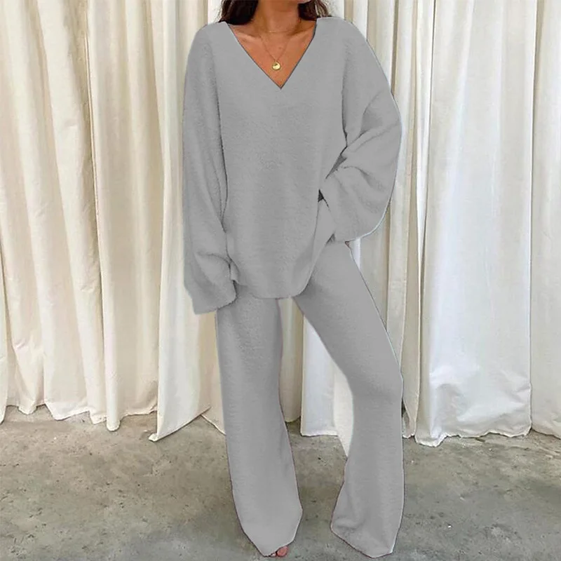 Women Winter Comfort Solid Pajamas Set V-Neck Casual Daily Home Warm Top+Long Pants Two Piece Set Warm Sleepwear Pijama S-3XL