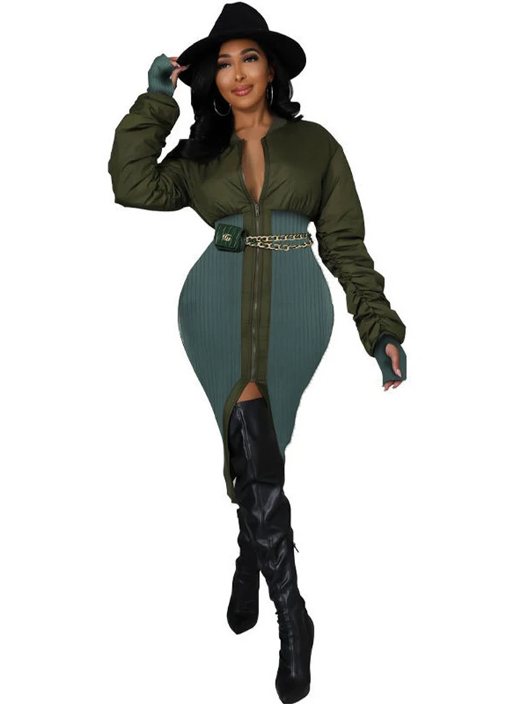 

Burgundy/army Green/coffee Elastic Hight Dress Women Hipster Ruched Full Sleeve Skinny Dresses Chic Front Split Package Hip Robe