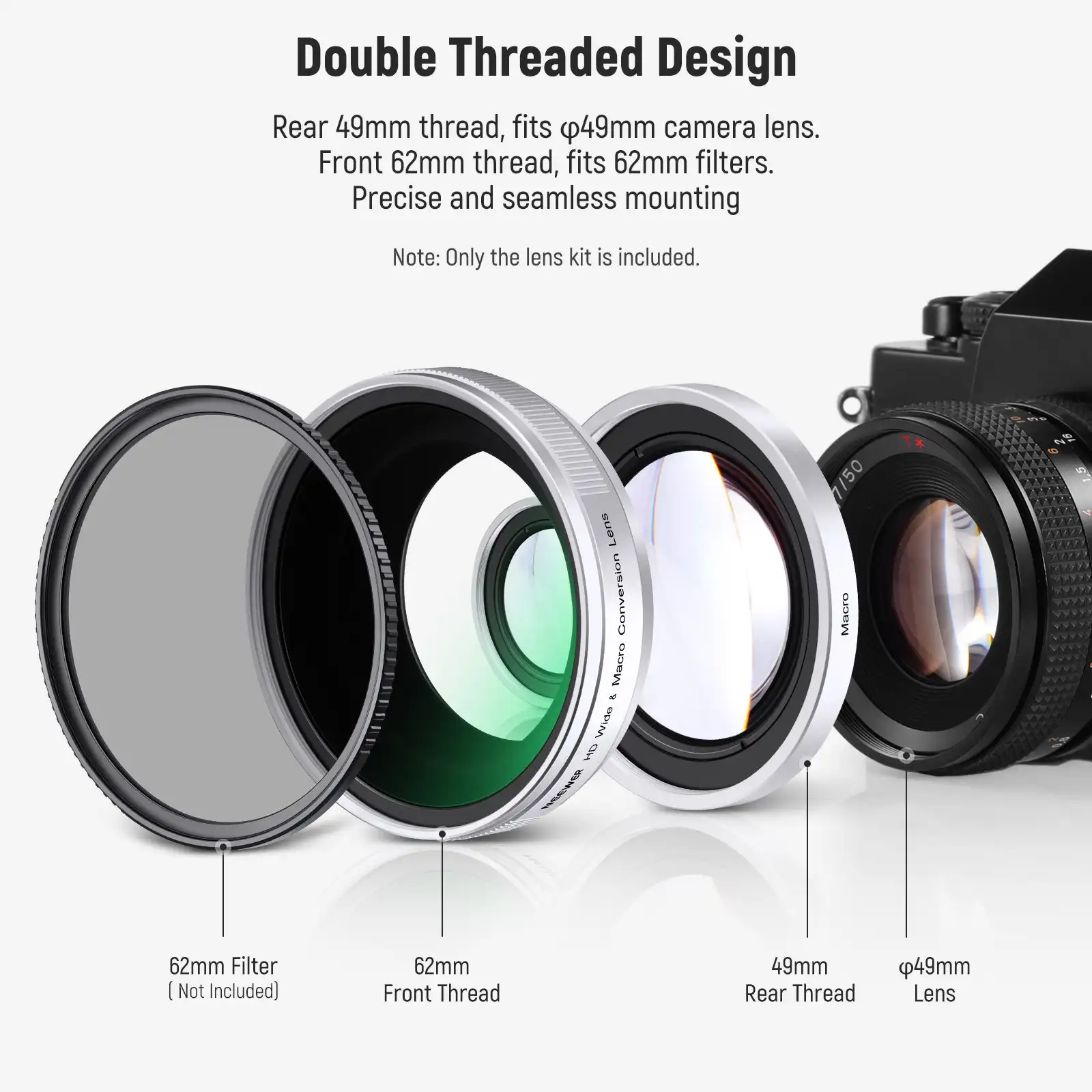 Макрообъектив NEEWER 49 мм 0.75x с широким углом обзора/0.43x рыбий глаз и 1.4x для Fujifilm X100VI