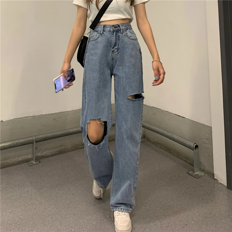 N2728   Ripped jeans women's straight loose loose new design high waist wide leg pants jeans