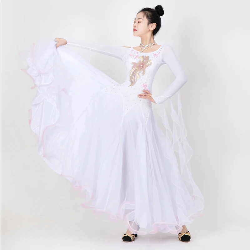 

Ballroom Dance Dress Women White Long Prom Dress Waltz Costume Standard Dance Competition Dress Rhinestone Long Sleeves DNV15902