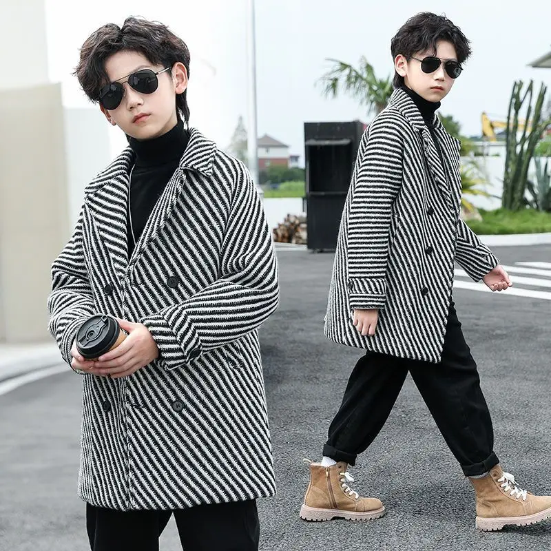 

Boys 2023 Korean Wool Coat for Autumn Winter Children Jacket Fashion Turn Collar Striped Keep Warm Outerwear Teenage Clothe F147