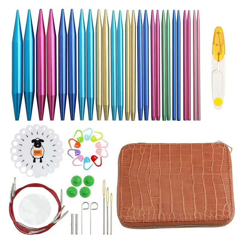 

Aluminum Circular Knitting Needles Set 26pc Interchangeable Crochet Needles With Case For Any Crochet Patterns & Yarns CK