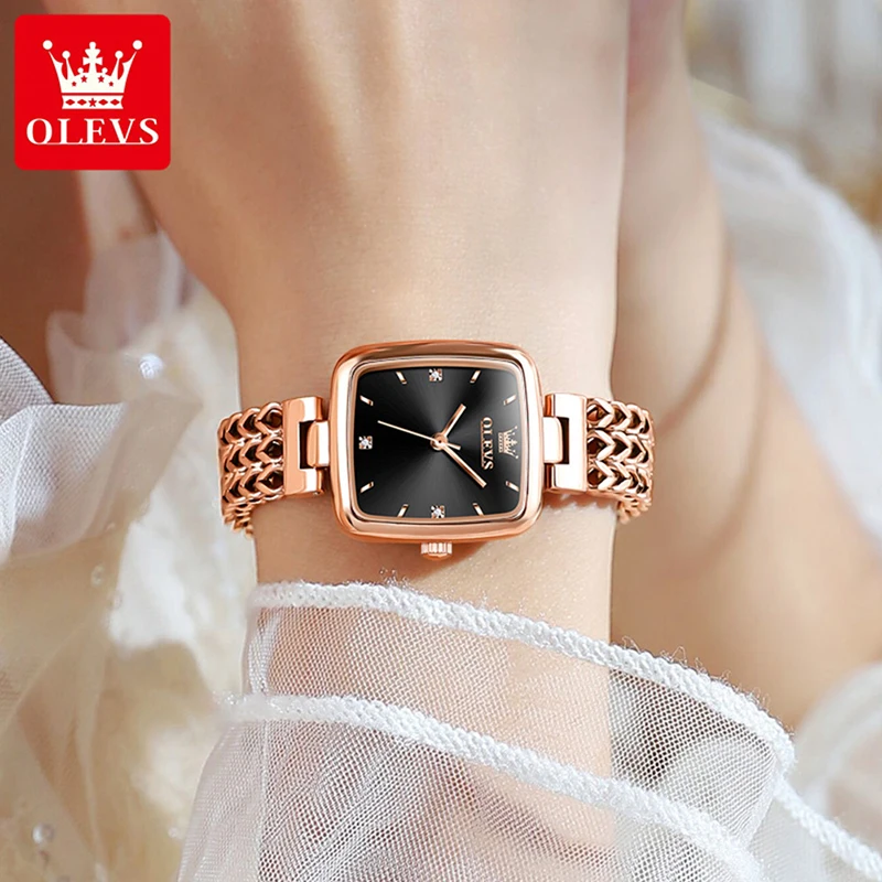 OLEVS 2023 New Casual Quartz Women Watch Fashion Rose Gold Strap Square Dial Design High Quality Women Watch 30M Waterproof 9951