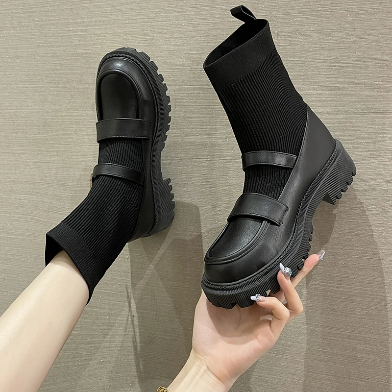 

Женские ботинки, новинка 2023, Женские повседневные эластичные тканевые ботинки-носки, модная женская обувь с перекрестной шнуровкой, ботинк...