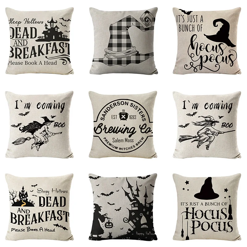 

Vintage Linen Pillow Cover for Sofa Halloween Letters Print Square Pillow Cases Home Decor Winter Cozy Pillowcases 18x18 Inches